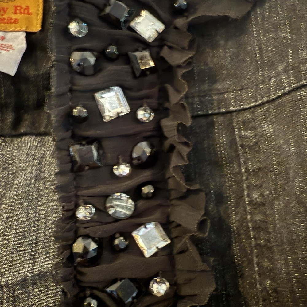 Ruby Rd Womens 14P Petite Stretch Black Denim Jacket Ruffled Bling 3/4 Sleeve - Picture 6 of 6